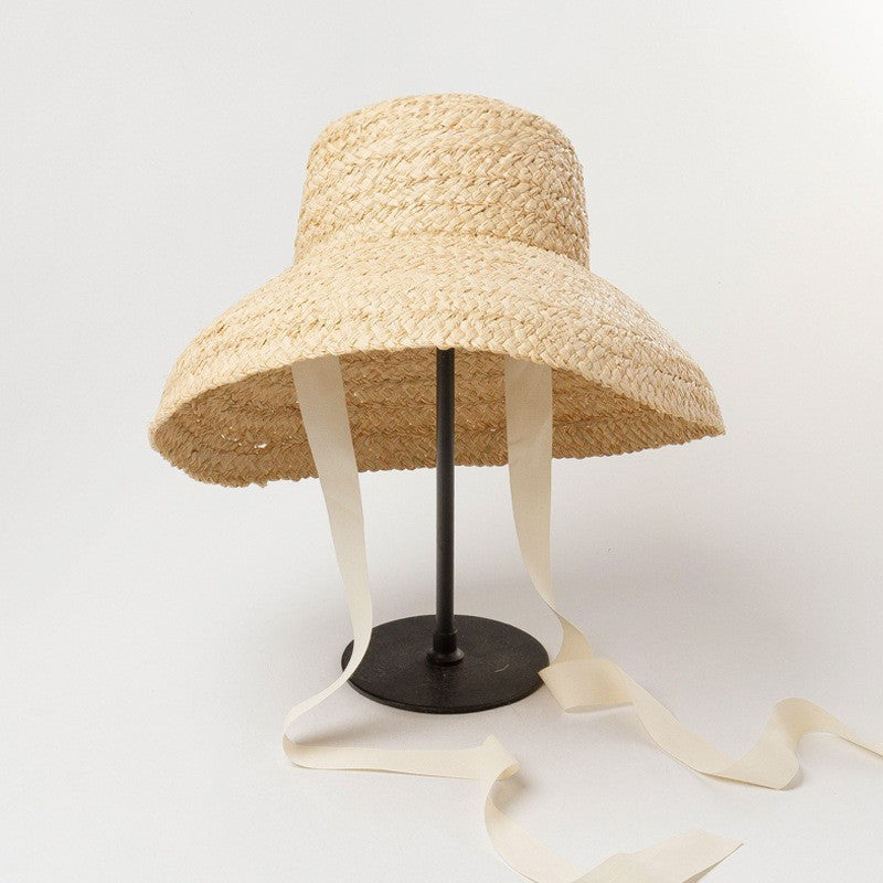 Chapéus de Verão Femininos Retrô Aba Reta Caída Chapéu de Palha de Ráfia Feito à Mão Chapéu de Palha de Praia de Proteção Solar Feminino para Ambientes Externos