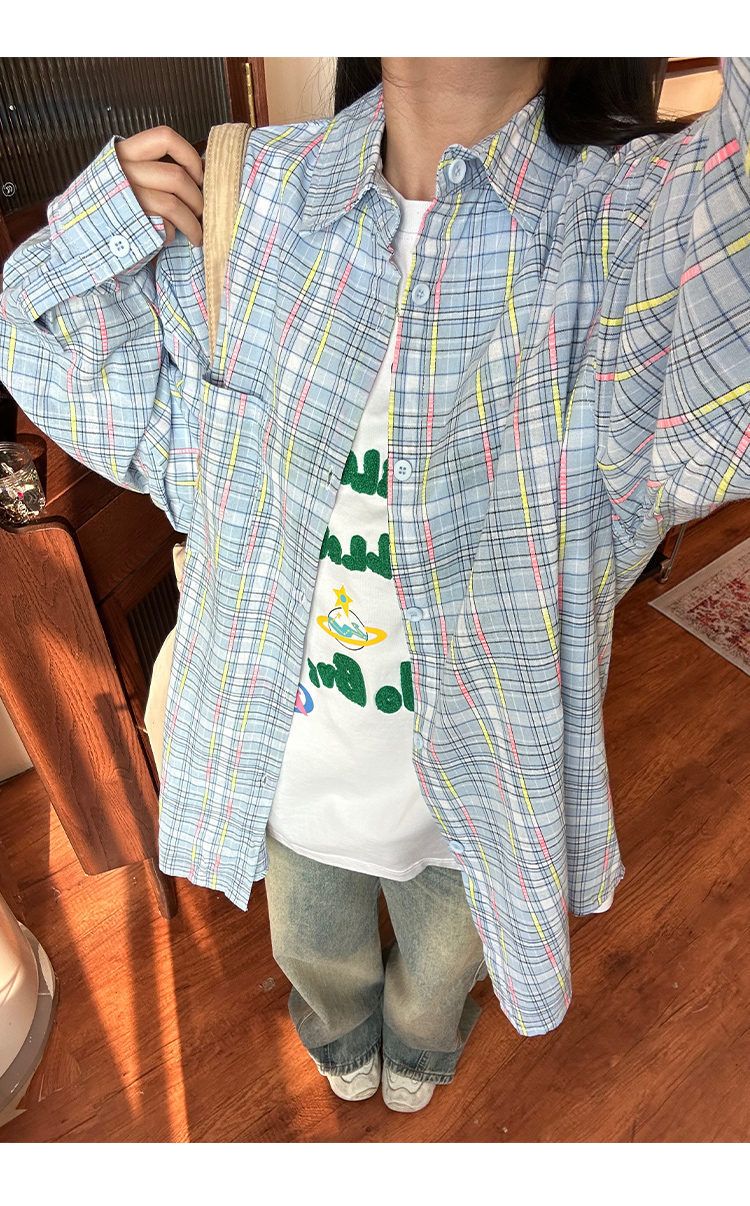 Ice Blue Plaid Long Sleeve Shirt Unisex Premium Cleanfit Denim Fabric V-neck Open Cardigan Style Holiday Vibes Short Length