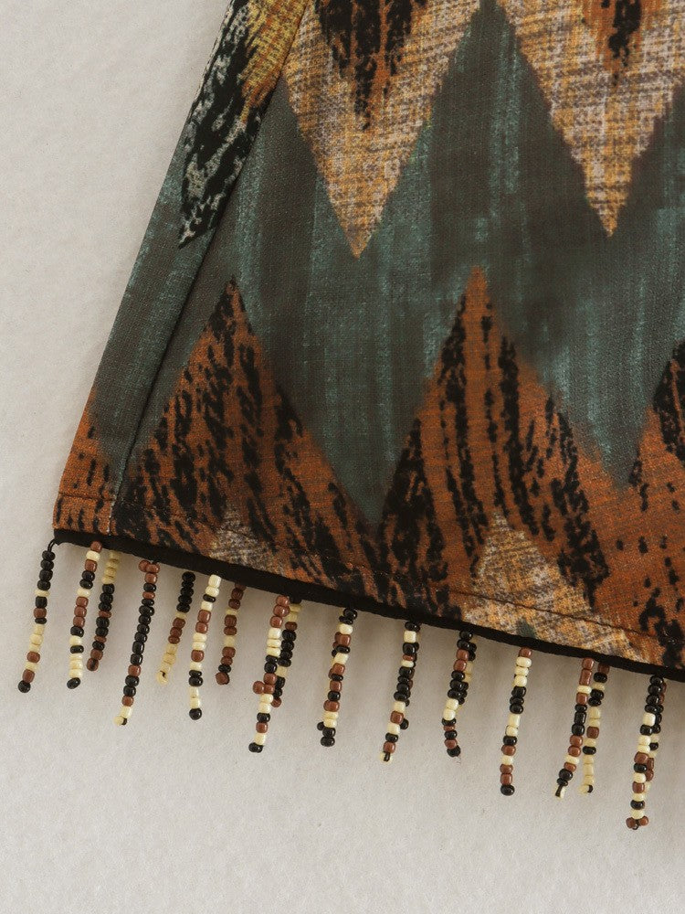 KEYANKETIAN  New Vintage Geometric Print Mini Skirt Knotted Sarong Beaded Fringe Wrap Vestidos Casual Zip Short Skort Mujer