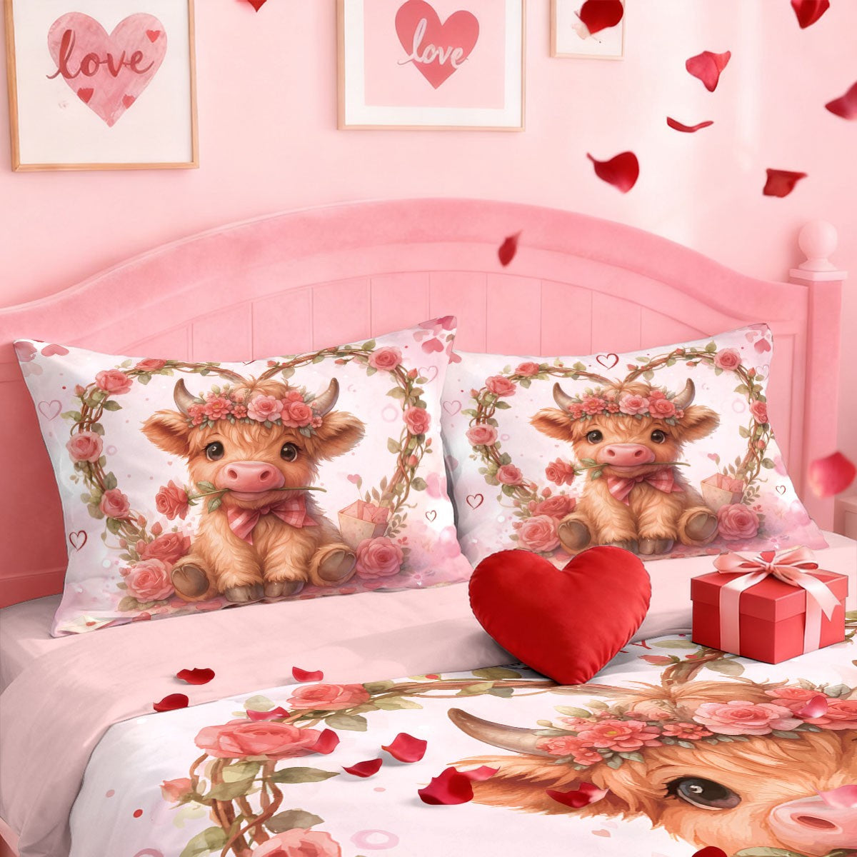 3pcs Pink Romantic Valentine's Day Highland Cow Print Coreless Bedding Set Multi Size Bedding Decoration Machine Washable