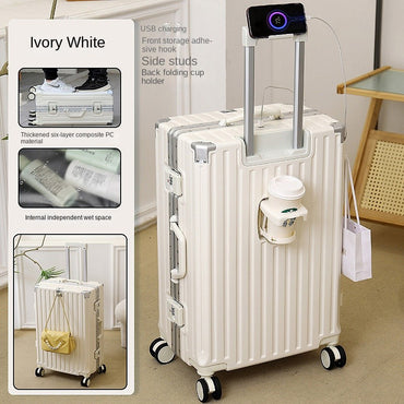 New Suitcase 30 inch Aluminium Frame USB Charging Luggage Carrier 28 inch Boardable 20 inch Travel Suitcase with Cup Holder
