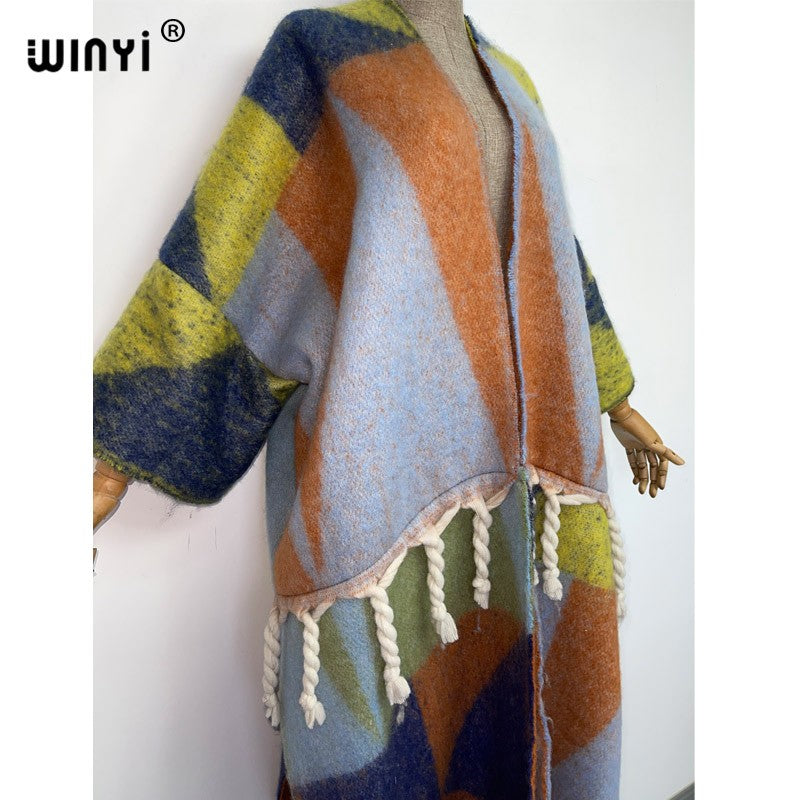 2022 WINYI Winter Women tassel Cardigan coat Loose Christmas dress robe longue Thick Warm free size Middle East Female Kaftan