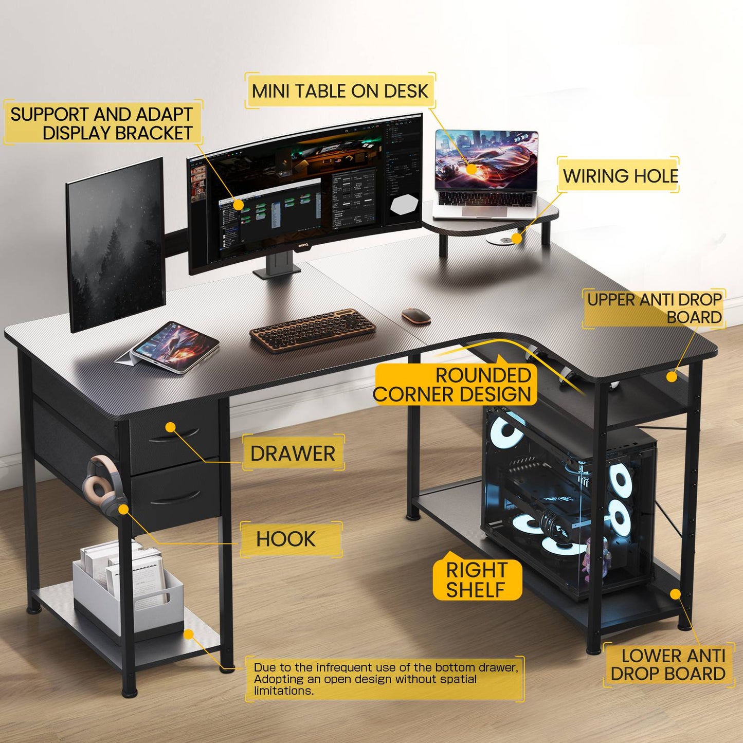 Mesa Gamer em L com Gavetas, Mesa de Computador em Fibra de Carbono com Suporte para Monitor, Mesa Gamer para Escritório Doméstico