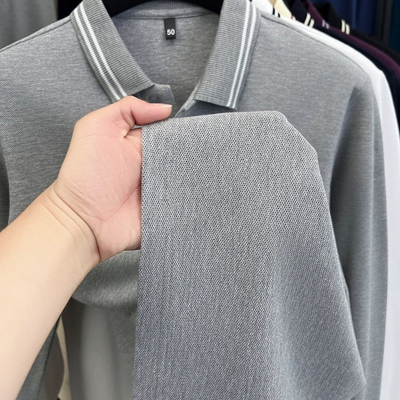 100Cotton Luxury Quality Men's Polo Shirt Striped Collar Breathable V-Print Long Sleeve Autumn Lapel T-Shirt Business Menswear