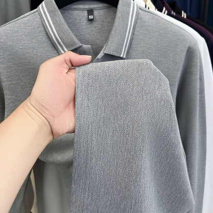 100Cotton Luxury Quality Men's Polo Shirt Striped Collar Breathable V-Print Long Sleeve Autumn Lapel T-Shirt Business Menswear