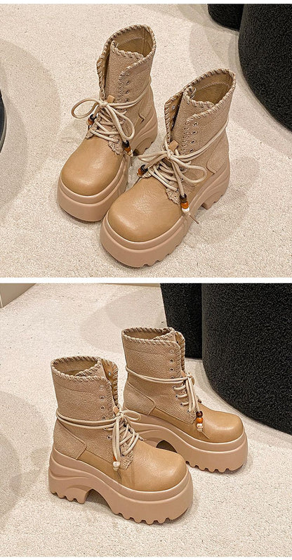 High Platform Women Motorcycle Boots 9CM Wedge Heels Walking Ankle Shoes New 2025 Autumn Winter Lace-up Modern Short Booties