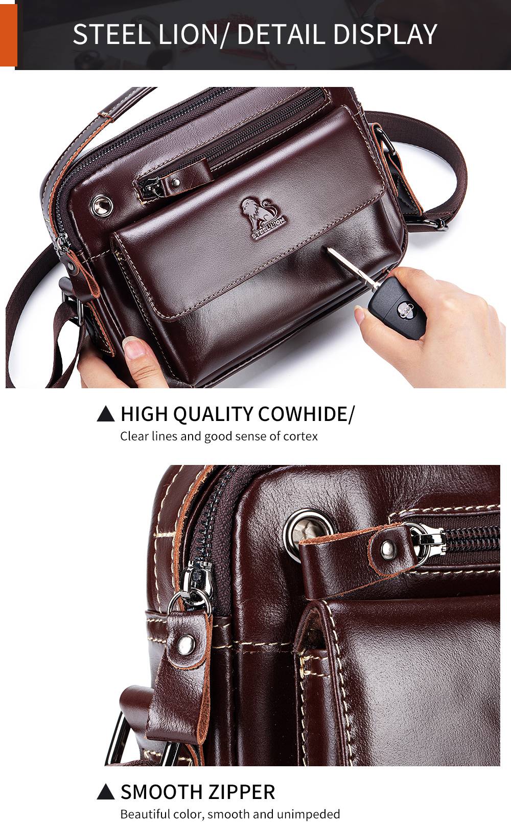 STEEL LION top layer cowhide men's single shoulder diagonal cross bag casual sports horizontal mobile phone bag genuine leather