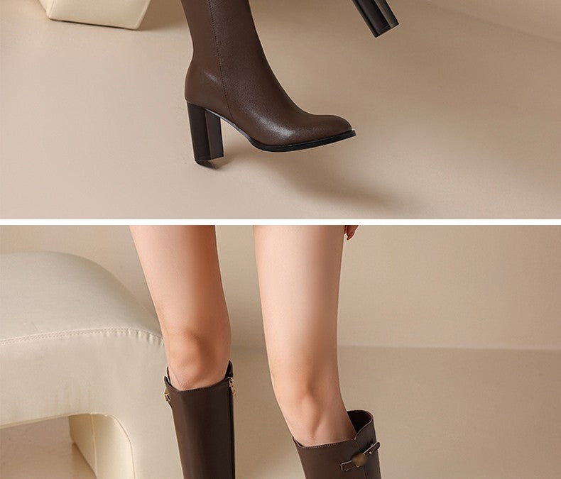 Ods Soft Cow Leather Black Knee High Boots Chunky Mid Heels Zipper Women's Long Boot Big Size Luxury Designer Sexy Shoes 4143 46