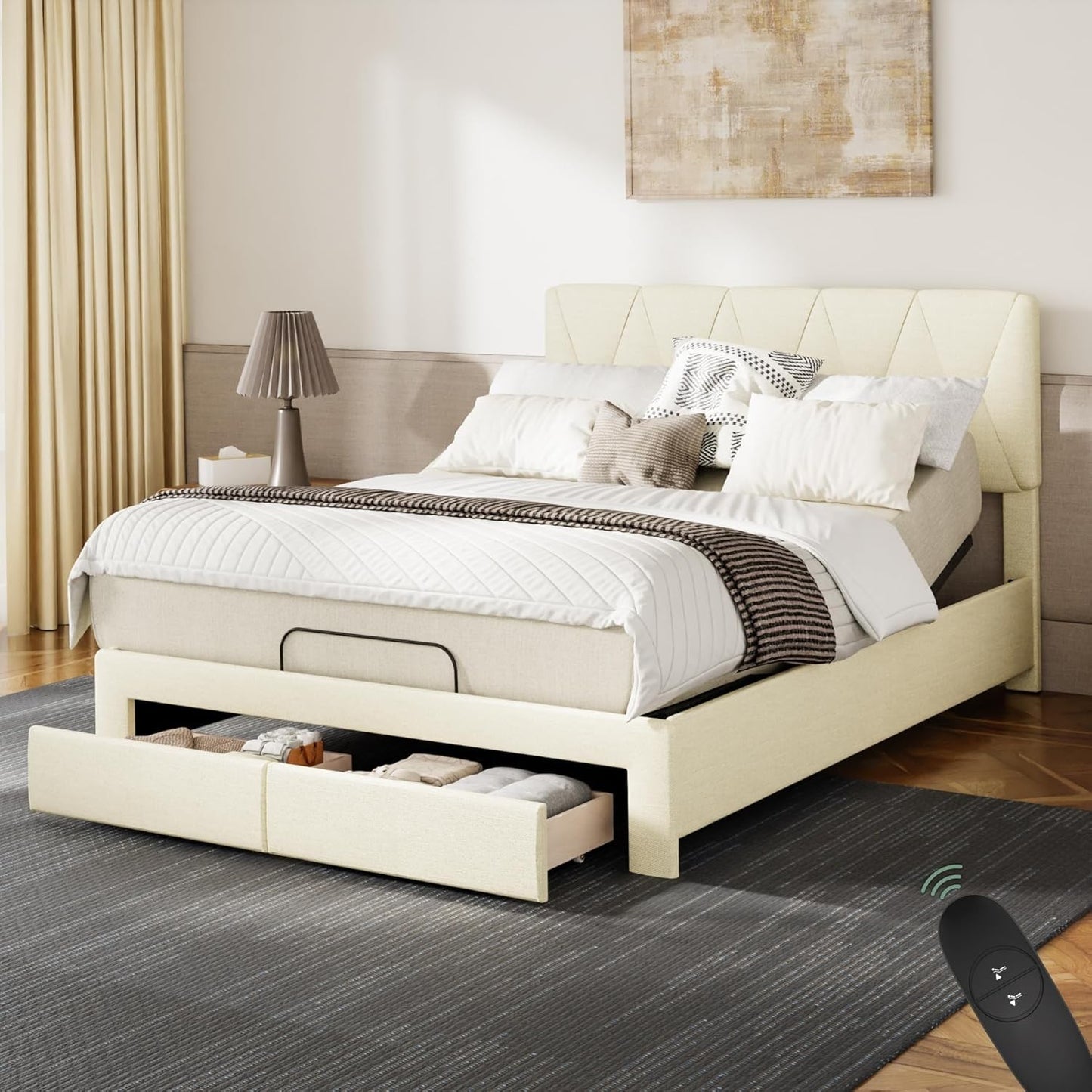 Softa Queen All-in-One Adjustable Bed Frame with 12" Gel Memory Foam Hybrid Mattress, Electric Bed with Upholstered Headboard &