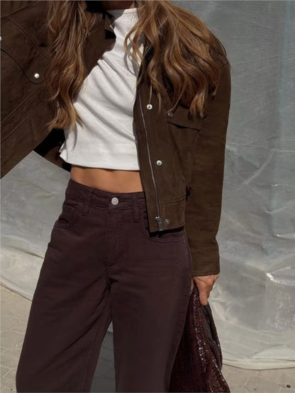 NERHEFZ Women Autumn Jacket with Pockets High Collar Long Sleeve Button Suede Leather Women's Jacket Lady Coats Female Chic Tops