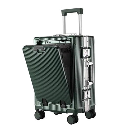 Suitcase Front Opening Pocket Aluminum Alloy Frame Rolling Luggage with USB Charging Plug Trolley Carry-on Case Bag with Wheel