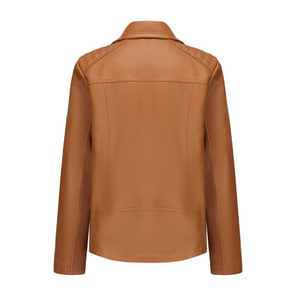 2025 Women’s Stylish Brown Faux Leather Jacket - Slim Fit, Trendy Moto Style with Zipper Detail PU Coat.