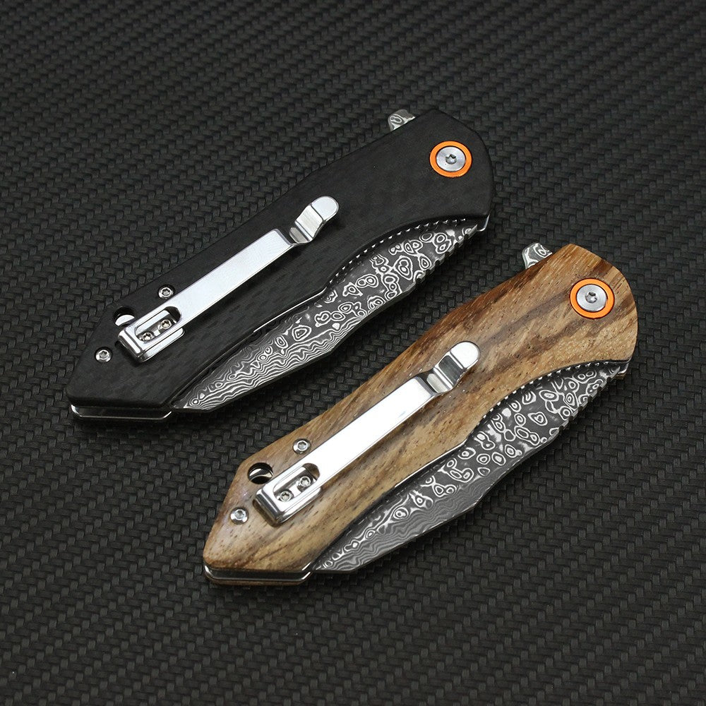 Faca Dobrável Tunafire Damasco Cabo de Madeira Zebra/fibra de carbono G10 Faca de Bolso Tanto EDC Tática Caça Sobrevivência Ferramentas Manuais