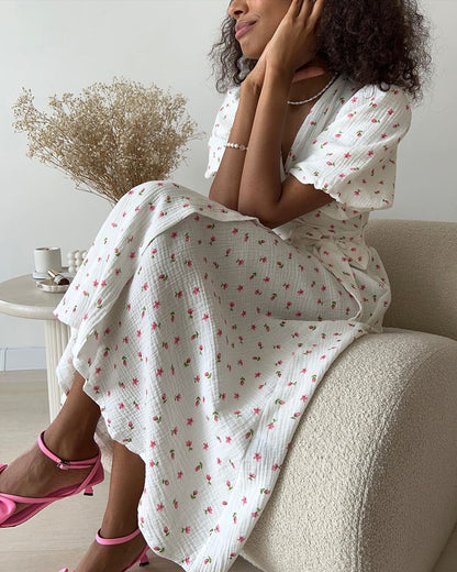 Casual Women's Summer Dresses 100% Cotton Floral Print A-line Midi Dress with Si