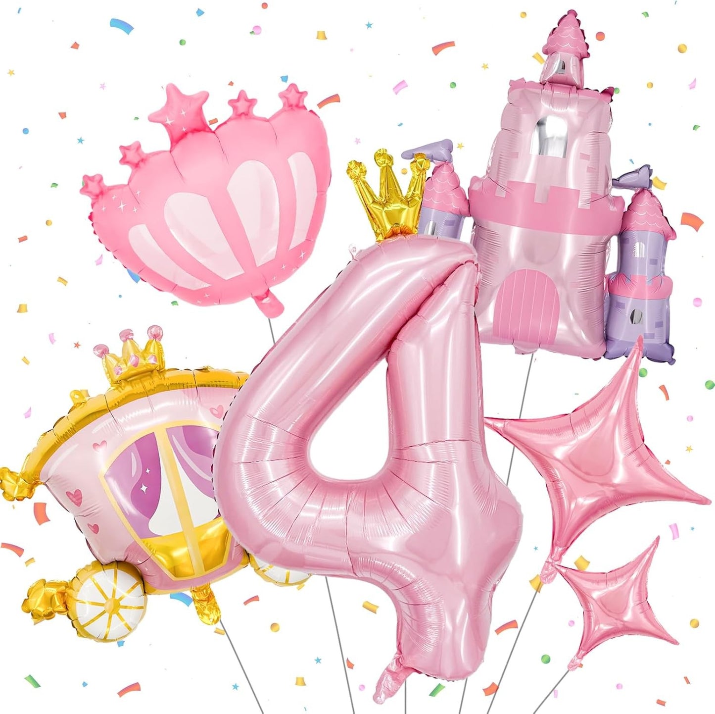 6-Piece Princess Theme Party Decoration Set: Princess Carriage + Pink Castle + 40-inch Numbers + Crown Heart + Star Foil Balloon