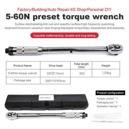 Chave de Torque de Precisão 5-60N.m Chave de Catraca Reversível de 3/8 Polegadas com Encaixe Quadrado Ajustável Ferramenta de Reparo Automotivo de Precisão Predefinida