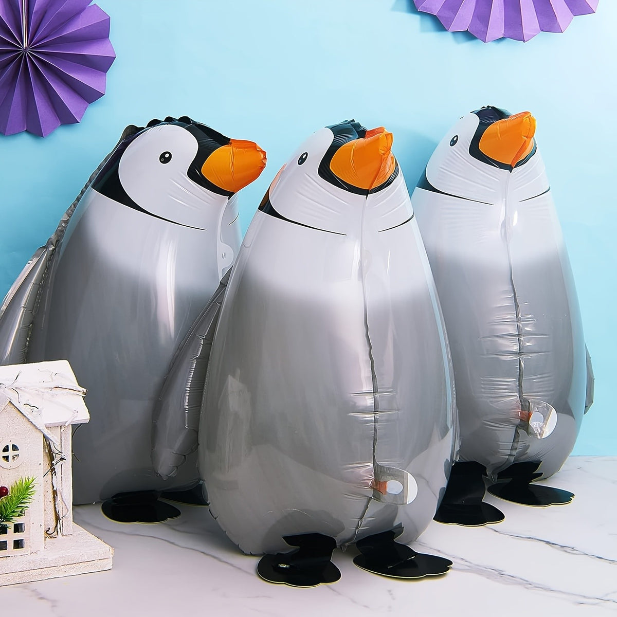5pcs Cute Walking Standing Penguin Aluminum Balloon Traction Walking Balloon Ribbon For Kids Pet Theme Birthday Party Decoration
