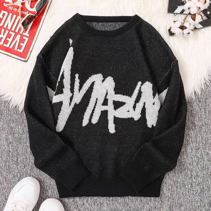 New Popular Spring Autumn Graffiti Jacquard Pattern Pullover Sweater Casual Round Neck Contrast Color Knitted Men's Pullover
