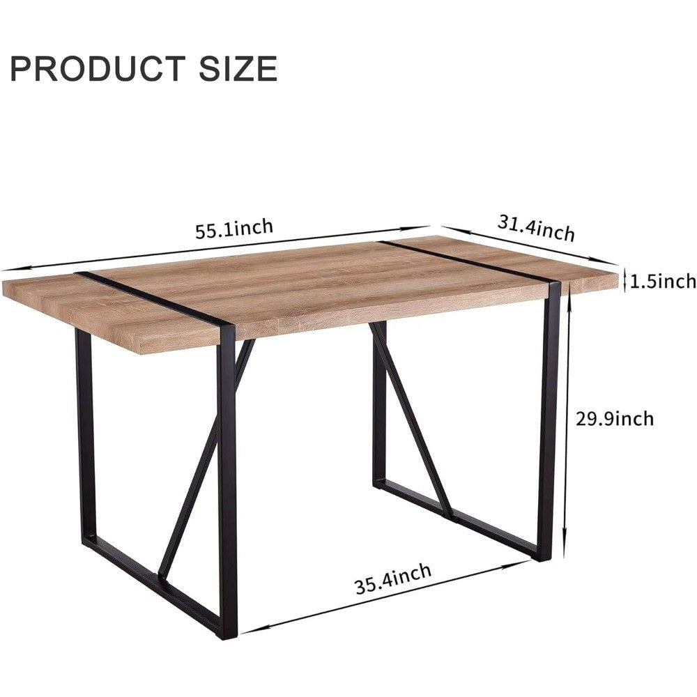 Industrial Style Rectangular MDF Top Dining Table, 55 for 4-6 People, Black Metal Legs