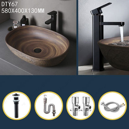 Cuba de Cerâmica Marrom para Lavatório de Banheiro Oval Artística para Mesa de Banheiro, Bacia de Lavar Roupa para Varanda, Bacia de Pedestal Acima do Balcão