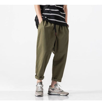 100% Cotton Casual Summer Pants With Belt Men Straight Baggy Ankle-Length Cargo Trousers Wide Leg Sweatpants Male Streetwear