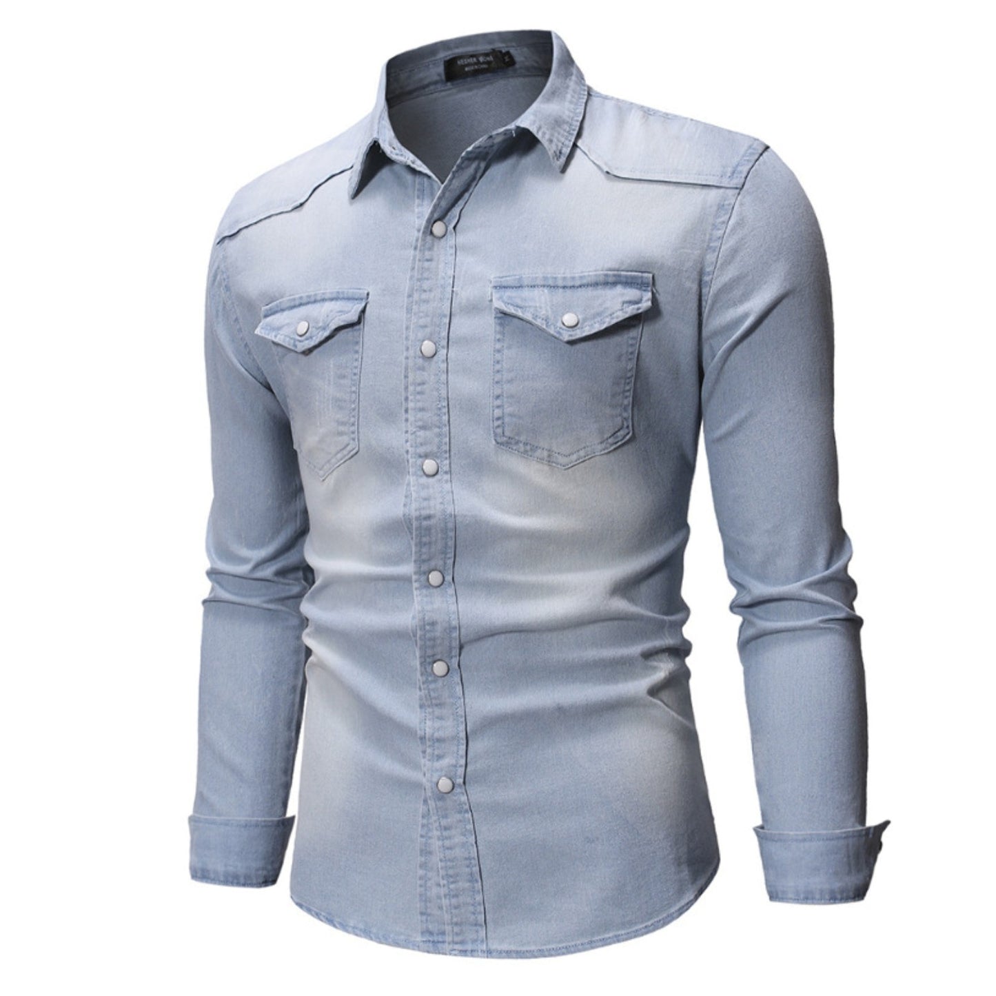 Men'S Autumn Fashion Clothing Casual Fashion Long Sleeve Lapel Shirts Solid Color Denim Washed Shirt Men'S Tops