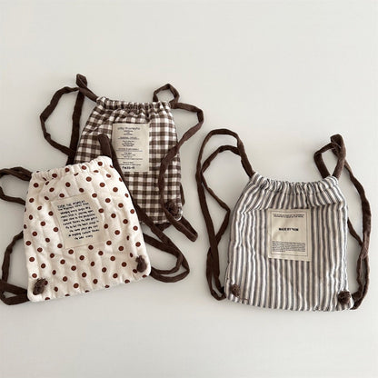 Mochila de cordão estilo coreano para bebês, inverno, bolinhas, listras, xadrez, leve, bolsa de ombro para crianças