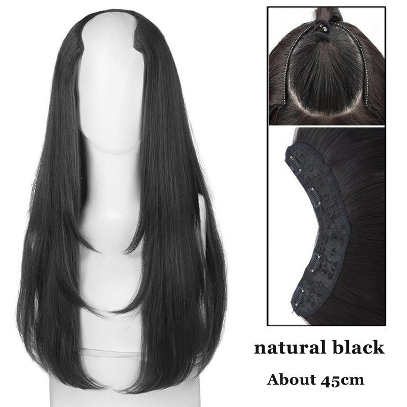 Peruca feminina com botão interno de peça única, cabelo encaracolado longo em camadas, aplique em V
