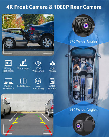 10.26" 4K 64GB Dash Cam Touch Screen Car Stereo Rearview Wireless Apple Carplay Android Auto Dual Len Recorder Dashboard