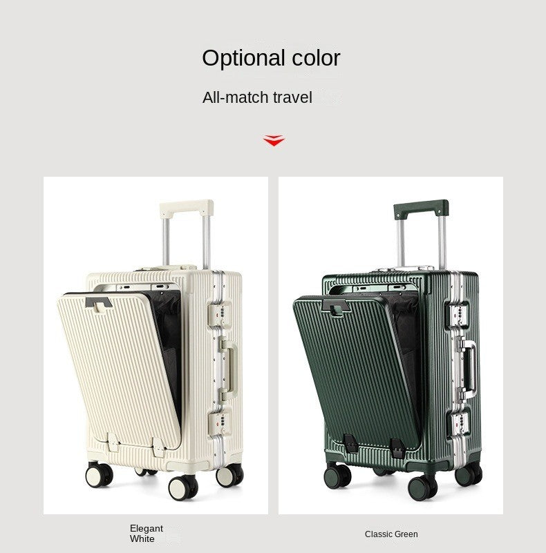 Suitcase Front Opening Pocket Aluminum Alloy Frame Rolling Luggage with USB Charging Plug Trolley Carry-on Case Bag with Wheel