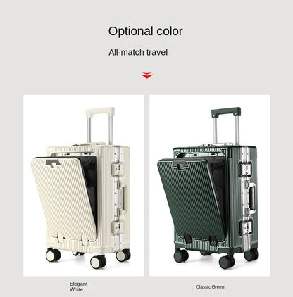 Suitcase Front Opening Pocket Aluminum Alloy Frame Rolling Luggage with USB Charging Plug Trolley Carry-on Case Bag with Wheel