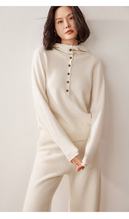 Autumn Winter New 100% Pure Cashmere Women Half Open Front Hoodie Set Knitted Two Piece Pullover Knitwear Wide Leg Pants