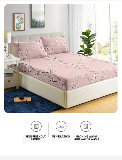 Conjunto de Lençol com Elástico Estampado 3 Peças (1 Lençol com Elástico + 2 Fronhas, Sem Enchimento)