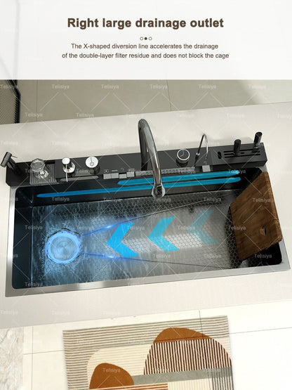Stainless Steel kitchen Sink With Waterfall Golden Large Single Slot Multifunctional Digital Display Sinks 100*50CM