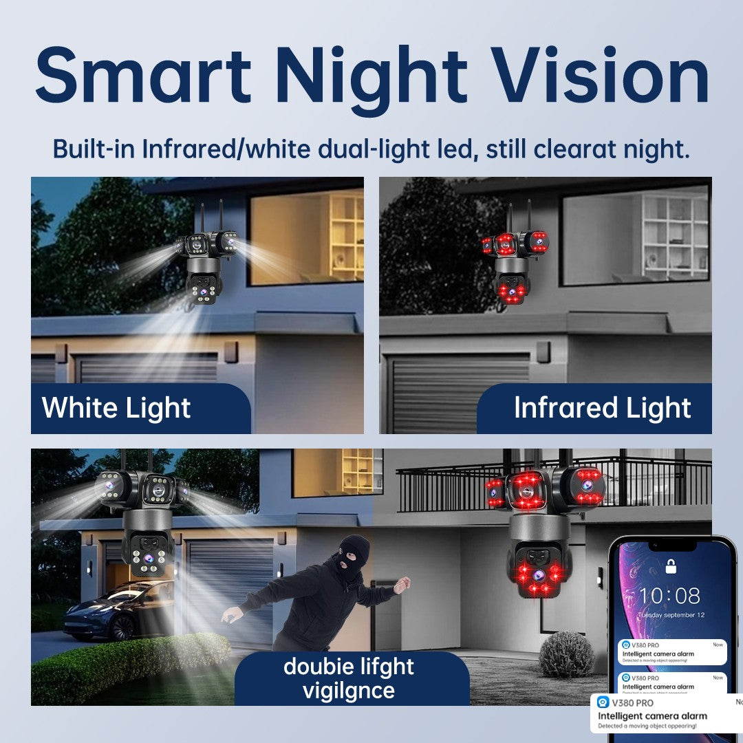 WiFi Solar Camera Three Lenses Outdoor 15MP 8K HD Low Power Battery IP Camera PIR Night Vision V380 Pro CCTV Security Protection