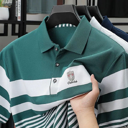 High end brand embossed men short sleeve polo shirt fashion stripe color blocked summer ice silk breathable luxury Paul T-shirt