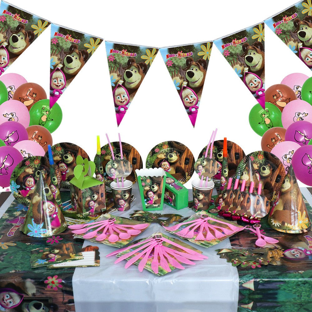 Masha and The Bear Theme Birthday Party Supplies Girls Masha Tableware Set Balloons Plates Cups for Kids Party Baby Shower Decor
