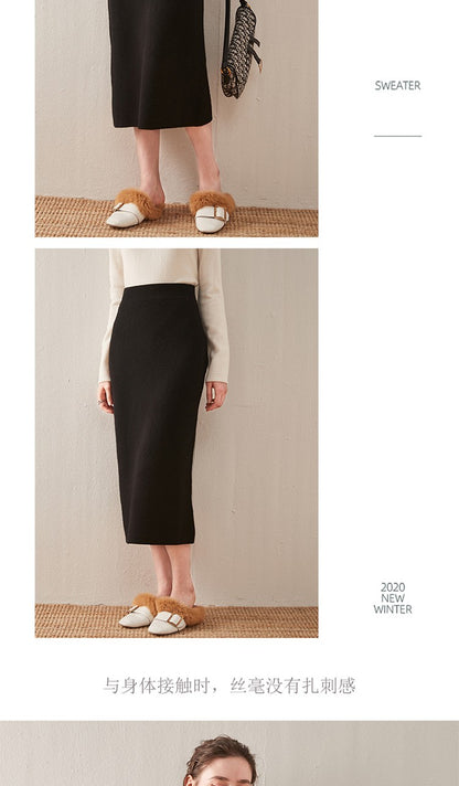 100% pure wool skirt new women's autumn and winter mid-length high-waisted thin cashmere skirt knitted all-match hip skirt