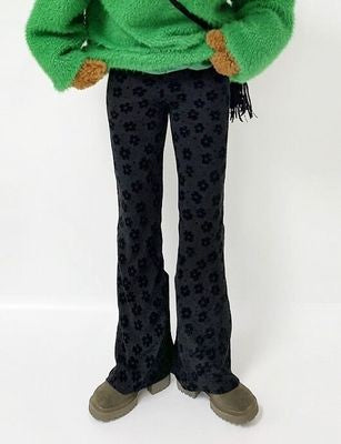 East Gate 2025 Autumn Winter New Sle Retro Print Small Flower Tight Elastic Waist Flared Pants Women Casual Long Pants