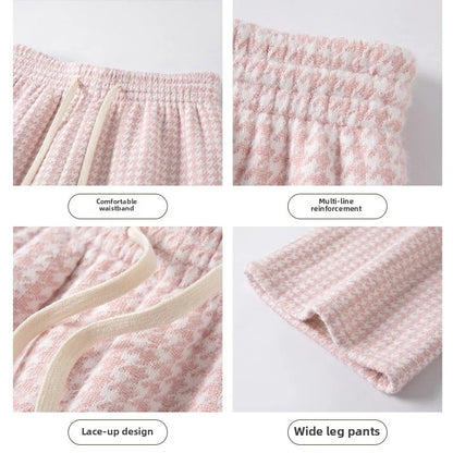 High Waist Wide Leg Pants Women's Autumn Winter New Style Lazy Casual Fleece Woolen Plaid Trousers Fashionable Comfortable