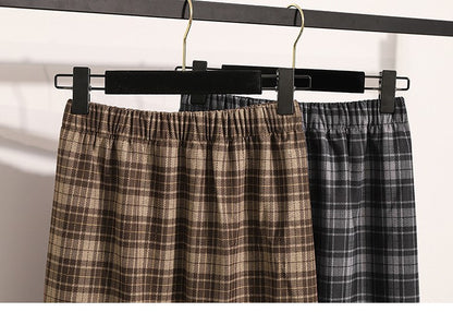 Plus Size Skirt Women 2024 Autumn Winter High Elastic Waist A Line Gray Or Khaki Plaid Skirt Korean Casual Long Skirts Womens