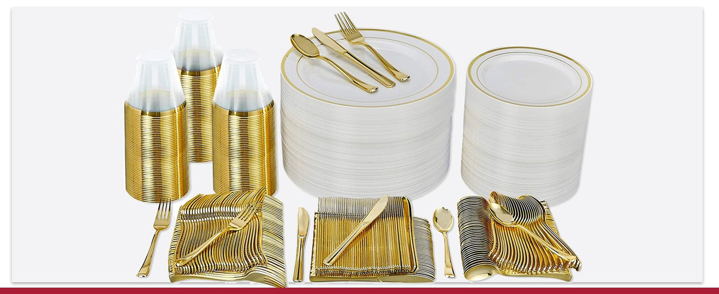 Conjunto de Louça Descartável para Festa Prestee com 600 Peças para 100 Convidados, Talheres Dourados Descartáveis com Pratos, Copos, Facas, Garfos e Colheres