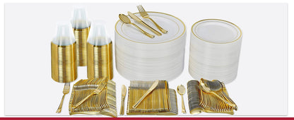 Conjunto de Louça Descartável para Festa Prestee com 600 Peças para 100 Convidados, Talheres Dourados Descartáveis com Pratos, Copos, Facas, Garfos e Colheres