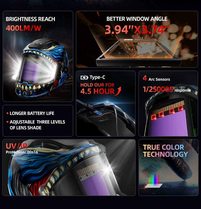 ANDELI Auto Darkening Welding Helmet Panoramic 180° View True Color 4 Arc Sensor Welding Mask for MIG MAG MMA Welder Machine
