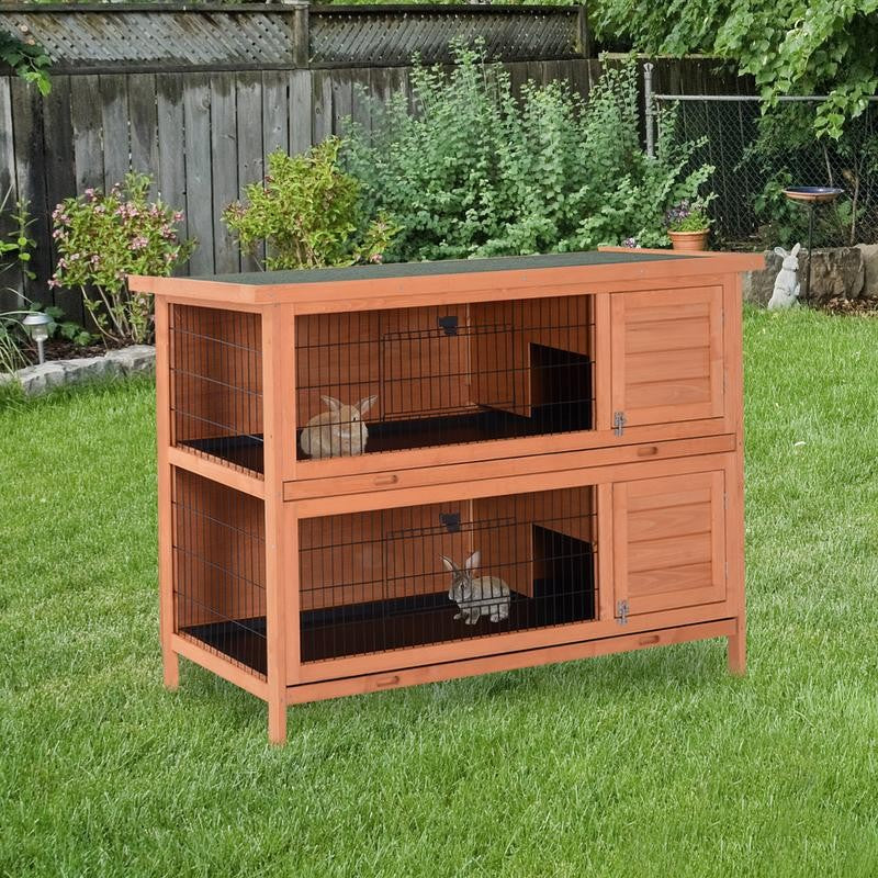 54" 2-Story Large Rabbit Hutch Bunny Cage Wooden Pet House Small Animal Habitat with Lockable Doors Leak-Proof Tray and