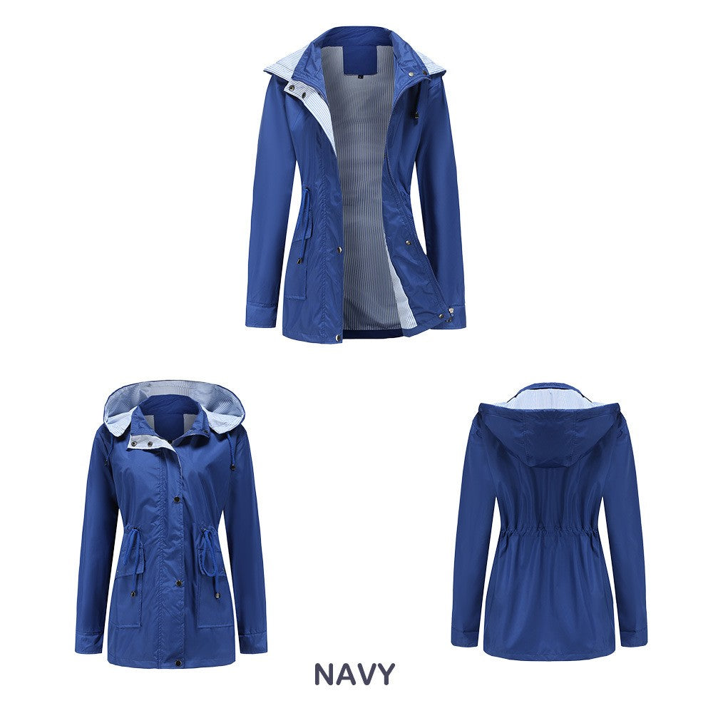 Purple Hooded Jacket for Spring 2025 Women's Office Fashion Women Outerwear Hat with Removable Waist Drawstring Water Proof