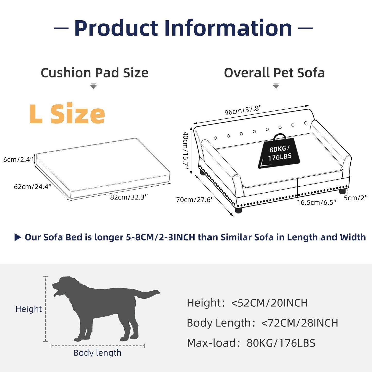 Sofá/Cama Luxuoso L-XL Elevado para Cães Grandes com Capa de Almofada Removível Móveis para Pets