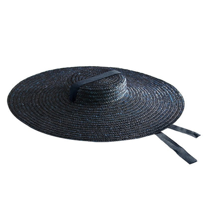Large Wide Brim Flat Top Sun Straw Hat Fashionable Summer With Long Ribbon Hats For Women Holiday Vintage Beach Visor Cap Retro