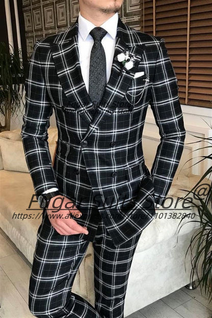 Elegant Black Plaid Men Suits Customized Slim Fit Double Breasted Groom Tuxedos 2 Pieces Sets Male Prom Blazers Costume Homme