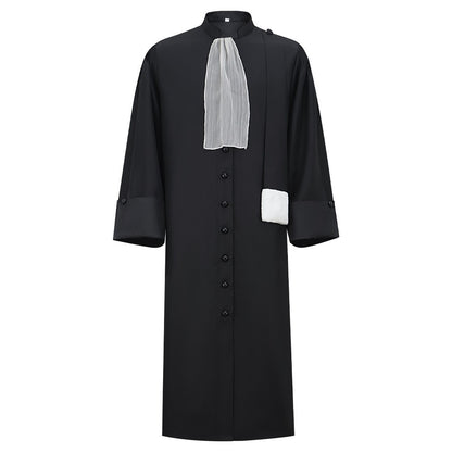 Barrister Robe Medieval Lawyer Costume with Pleated Jabot Collar Clergy Choir Robe Vintage Priest Cosplay Outfit